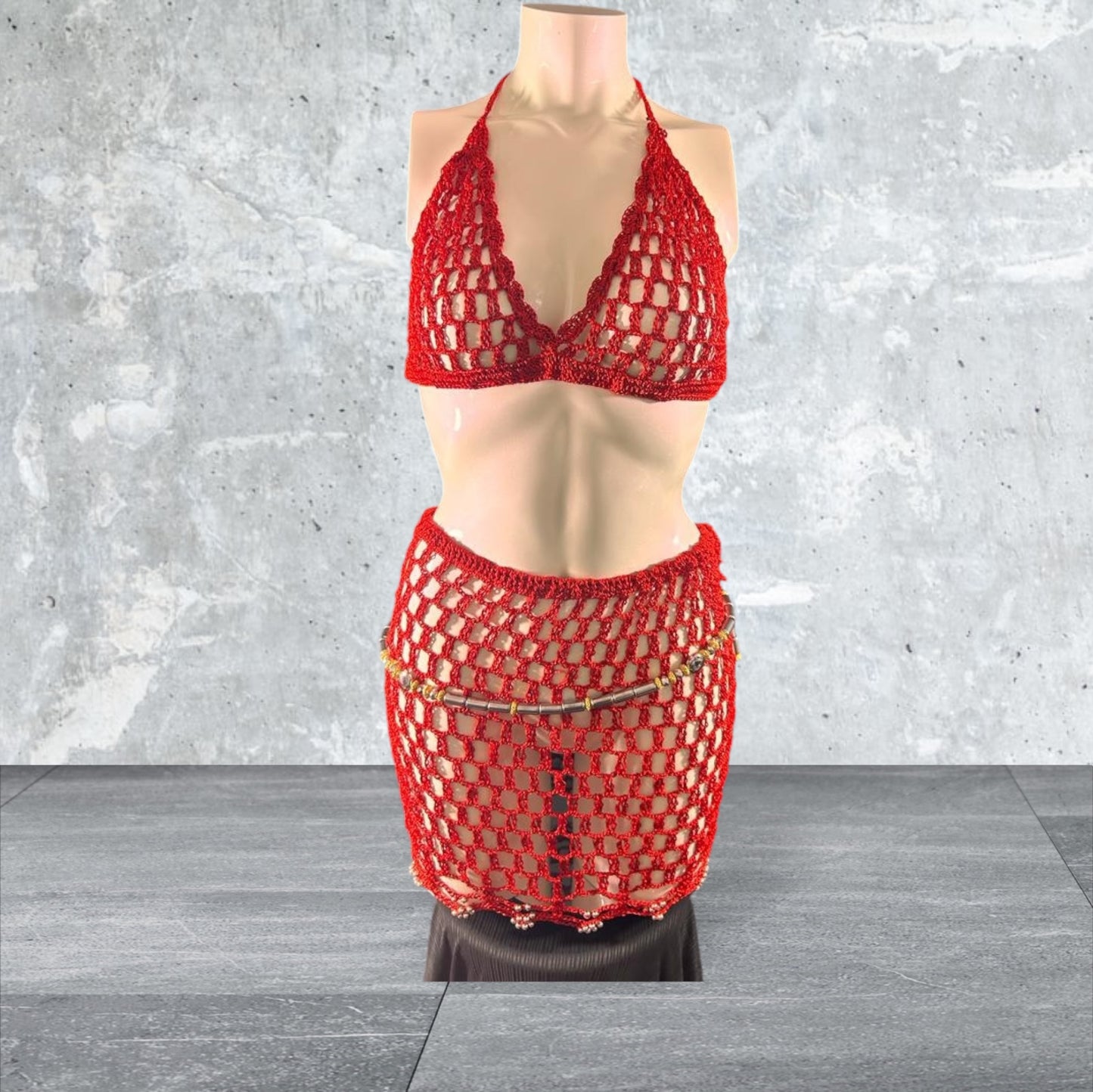 Nuisette tricoter a la main Ensemble rouge jupe