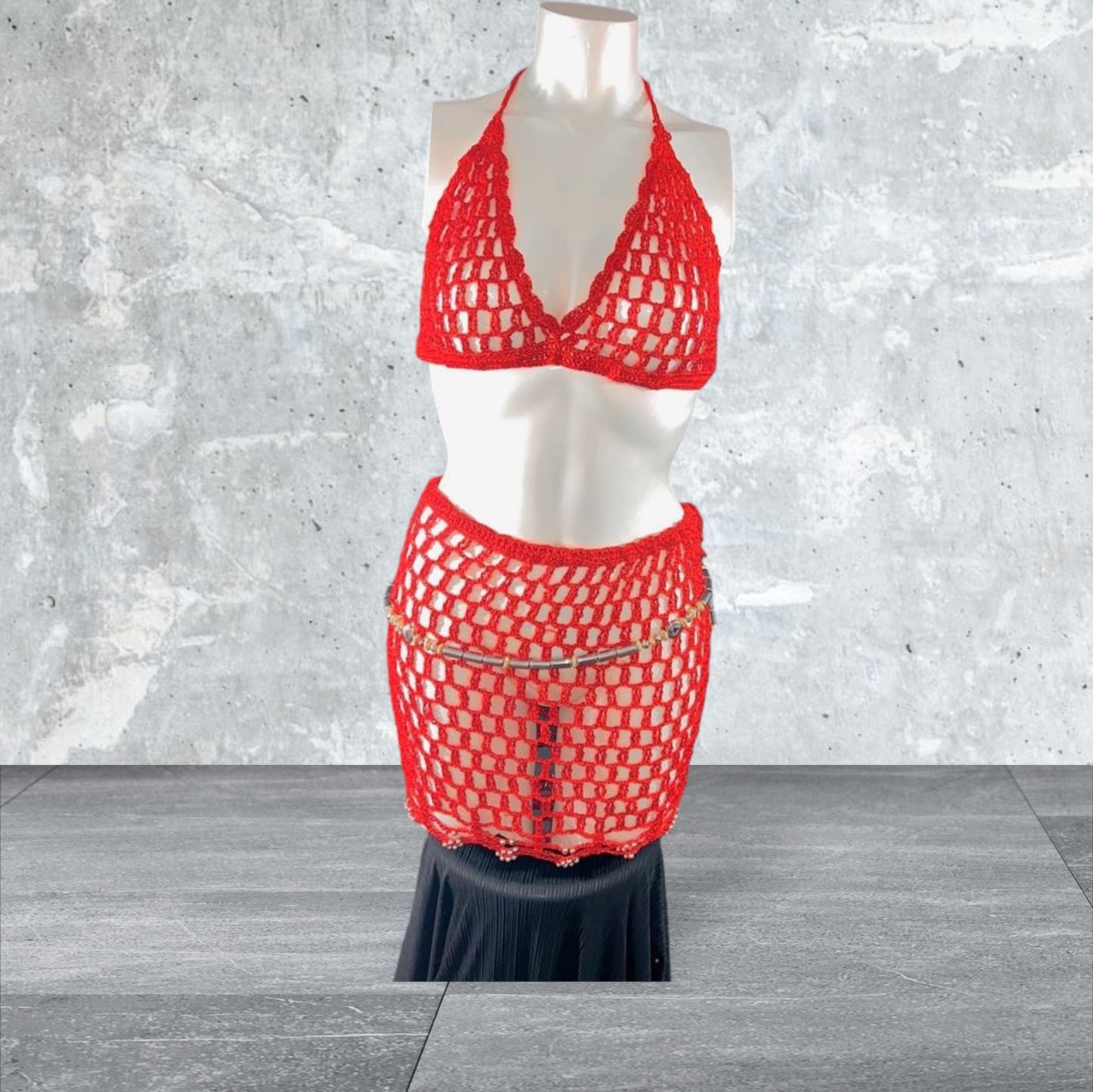 Nuisette tricoter a la main Ensemble rouge jupe