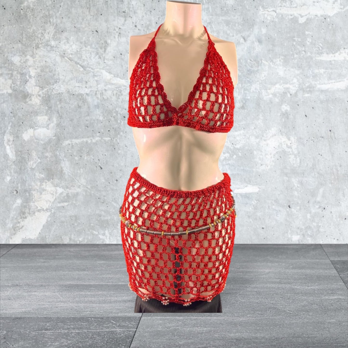 Nuisette tricoter a la main Ensemble rouge jupe