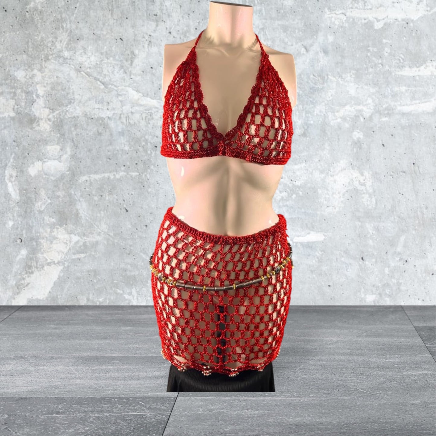 Nuisette tricoter a la main Ensemble rouge jupe