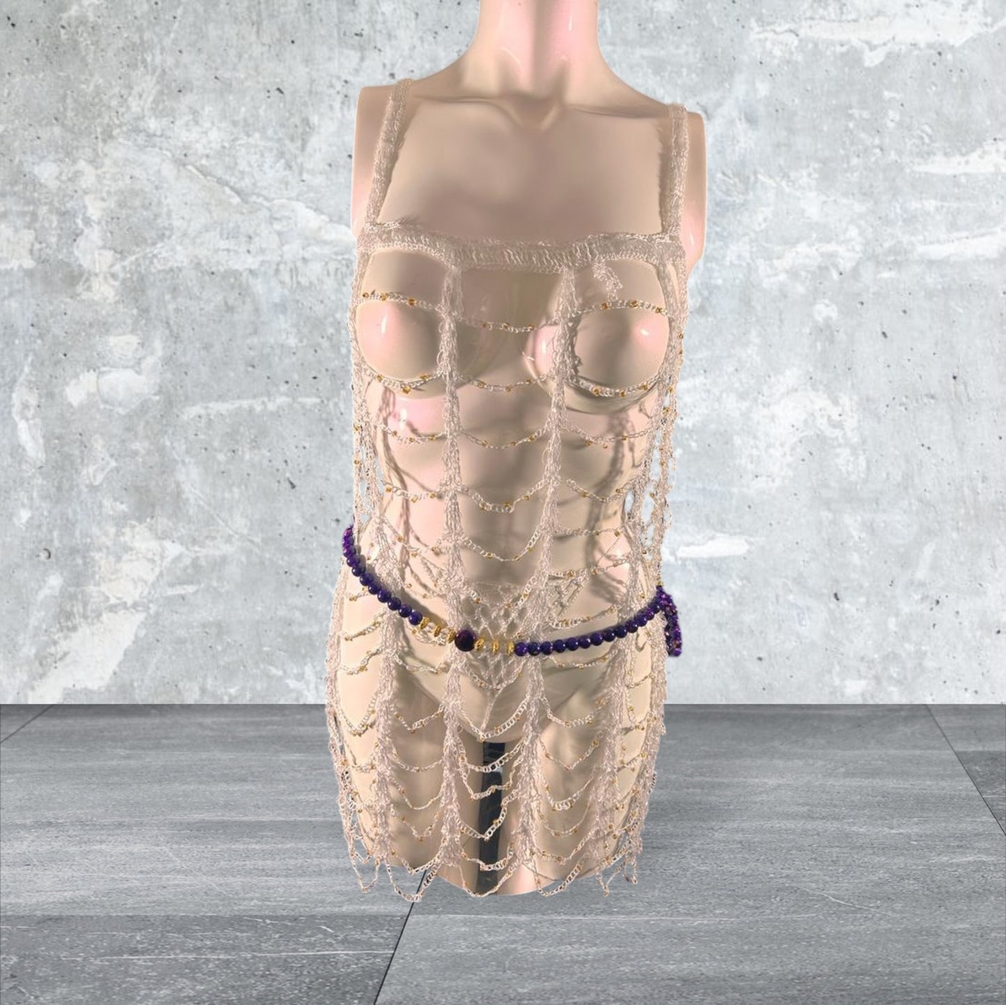 Nuisette ensemble avec string tricoter a la main blanche perlé