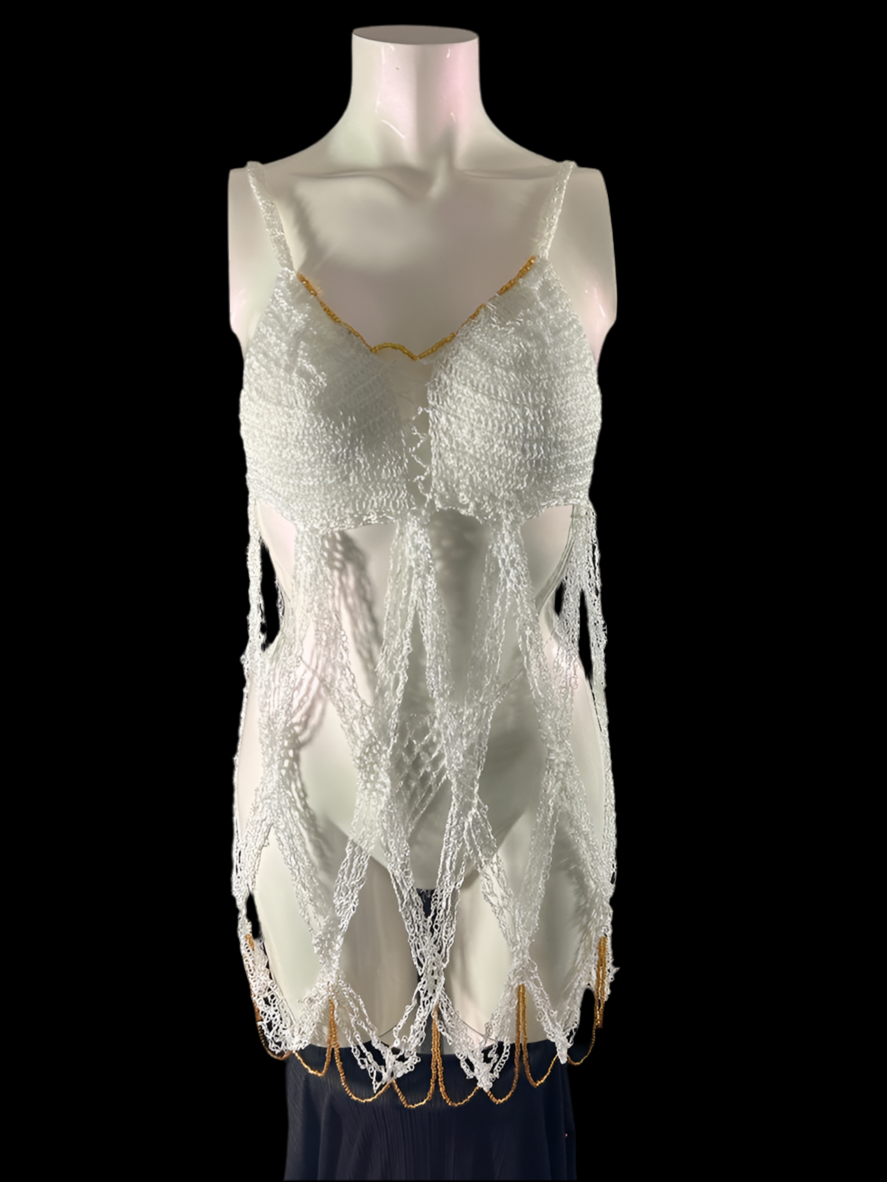 Nuisette ensemble string tricoter a la main blanche perle