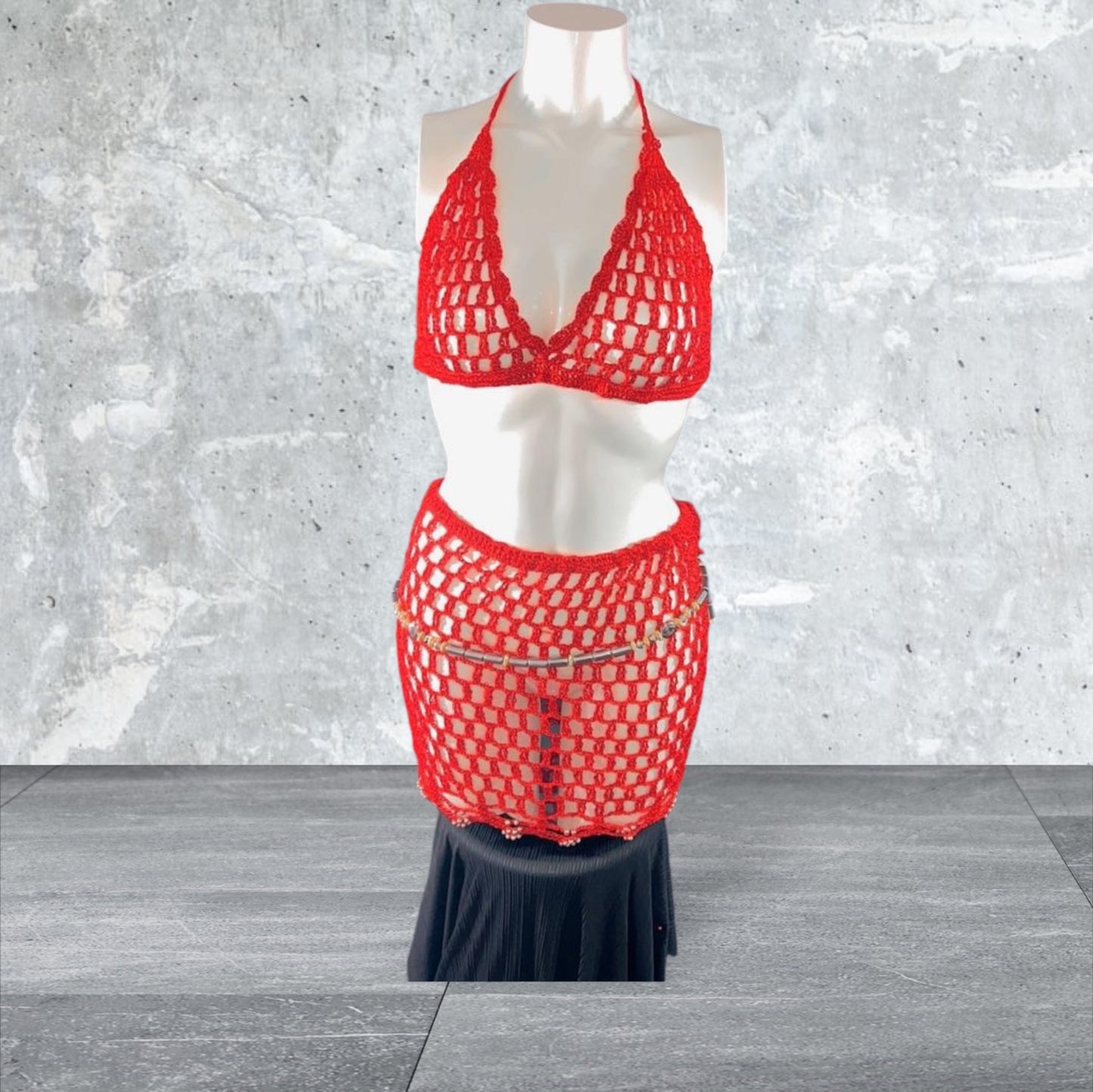 Nuisette tricoter a la main Ensemble rouge jupe