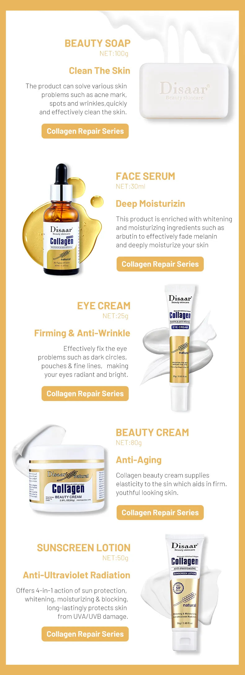 Disaar Natural 100% Collagen Anti-âge Blanchissant Éclaircissant Lot de 5 soins de la peau réparateurs